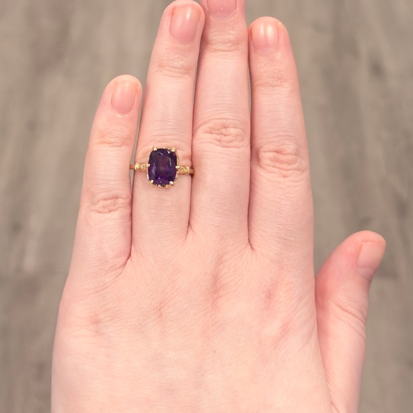 14K Amethyst Diamond Solitaire Ring: Dark Cushion Cut Elegant Milgrain Size 6.5 - Picture 10 of 14